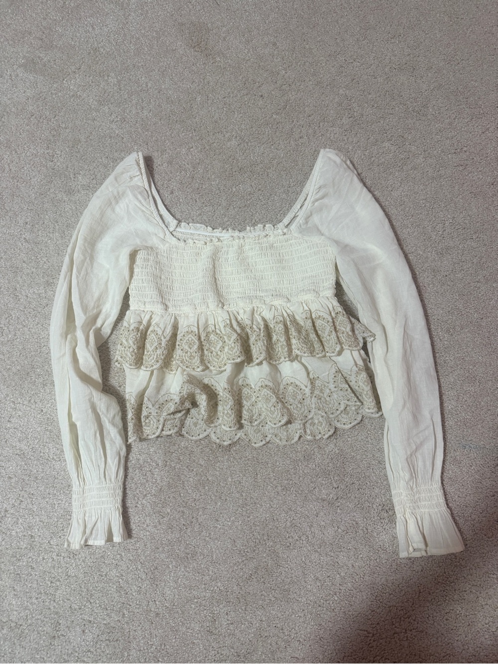 American Eagle Outfitters Cream Lace-Trim Smocked Peplum Top